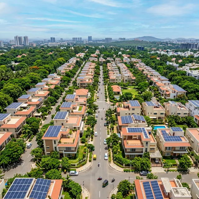 Indian residential neighbourhood with rooftop solar panels